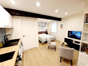 a bedroom with a bed and a television in a room at Studio cosy Proche Lyon Arrivée autonome in Cailloux-sur-Fontaines