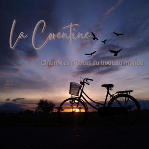 a bike parked in front of a sunset with birds at LA CORENTINE in Plouarzel