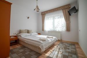 a bedroom with a large bed and a window at Vidéki Vendégház - Pensiune Rurală in Bisericani