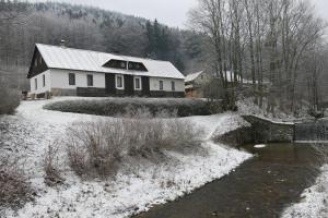 une maison dans la neige à côté d'une rivière dans l'établissement Guest House U Lakomce, à Desná