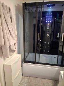 a bathroom with a shower with a toilet and a sink at Apartament 50 m z balkonem na parterze in Bydgoszcz