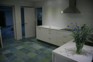 une cuisine avec un vase de fleurs violettes sur un comptoir dans l'établissement Casa Rural La Dehesa de Campoviejo, à Robledillo de Trujillo 33 autres photos
