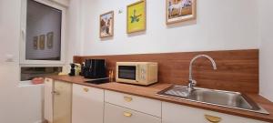 eine Küche mit Spüle und Mikrowelle in der Unterkunft PALM SPRINGS - Art Deco au cœur de Malo-les-Bains in Dunkerque
