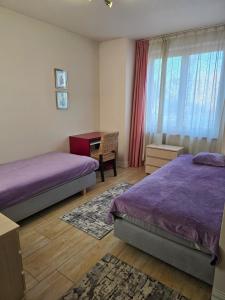 a bedroom with two beds and a desk and a window at Pokoje gościnne na terenie Chojnowskiego Parku Krajobrazowego in Ławki