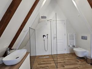 a bathroom with a glass shower and a sink at Planinska kuća Homey in Zlatibor +11 photos