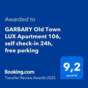 Certifikát, ocenenie alebo iný dokument vystavený v ubytovaní GARBARY Old Town LUX Apartment 106, self check-in 24h, free parking