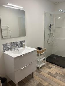 Un baño con lavabo blanco y ducha. en Maison de Village, en Lacrouzette 19 fotos más