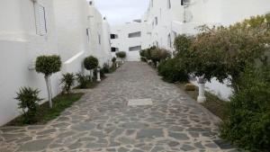 a stone path between two white buildings with trees at Casa Lola in Agaete