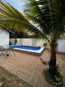 a pool with a table and a palm tree at Casa Santo Sossego in Peruíbe