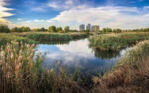 a river in a field with buildings in the background at Cataleya Luxury Room's in Bucharest