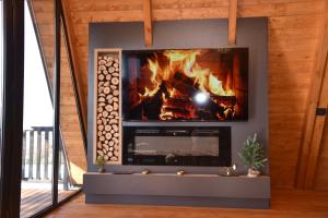 a fireplace in a living room with a fire at Villa Vista in Tirana