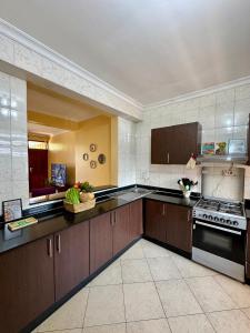 ダル・エス・サラームにあるOlive luxury apartmentsの広いキッチン(ブラウンキャビネット、コンロ付)