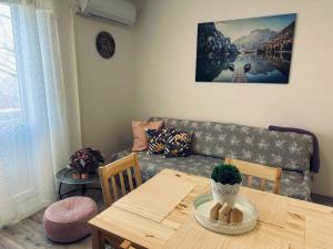 a living room with a table and a couch at Robin Apartman in Pécs