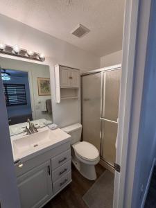 a bathroom with a toilet and a sink and a shower at Perfect lodging in Lake Placid in Lake Placid +33 photos