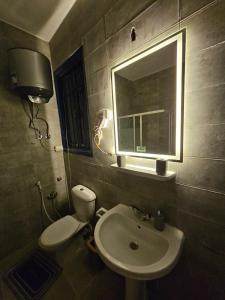 a bathroom with a sink and a toilet and a mirror at شقة بوسط المدينة الدقي in Cairo