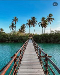 a wooden bridge over a body of water with palm trees at Casa 09 - Villa Cotinguiba in Tatuamunha
