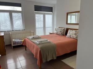 CovaにあるCasa de Casarelhos - Alojamentos - Gerêsのベッドルーム1室(オレンジのシーツと窓付きのベッド1台付)