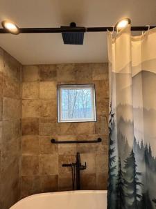 a bathroom with a tub and a shower curtain at The Sky Breeze in Topton +15 photos