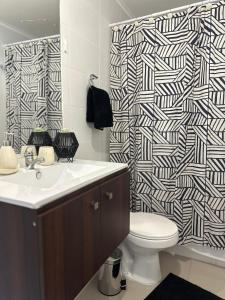 a bathroom with a toilet and a shower curtain at Desconexión y Paz in Pucón
