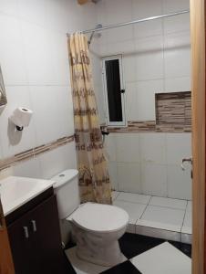 a bathroom with a toilet and a shower curtain at La Frontera in Puerto Iguazú +19 photos
