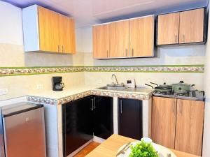 a kitchen with wooden cabinets and a sink at Apartaestudios en Zona Turística de Popayán in Popayan