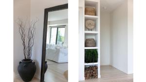 Dos fotografías de una habitación con un espejo y un jarrón. en Beach Views, en Dromana