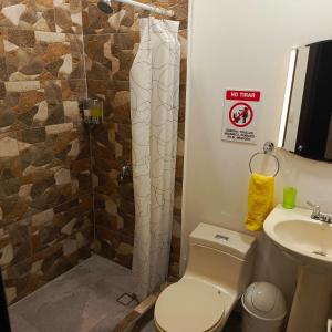 a bathroom with a shower and a toilet and a sink at Suite Colibrí - El Renacimiento Suites in Cuenca +5 photos