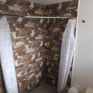 a shower in a bathroom with a stone wall at El Renacimiento - Suite Cardinal in Cuenca