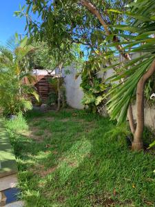 un cortile con alberi ed erba accanto a un edificio di Bungalow Les Coraux a La Saline Le Bains