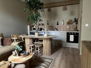 a kitchen with a table and a living room at LE COTTAGE, T2, Hyper center, Terrasse in Mâcon