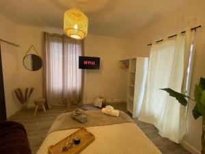 una camera da letto con un letto e una TV a parete di L 'Écrin Ivoire - Comfort and Productivity -Terrasse a Brive-la-Gaillarde