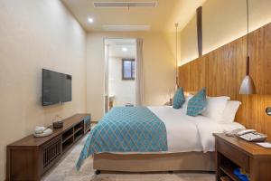 una camera d'albergo con un letto e una TV a schermo piatto di Nanjing Orchid Garden B&B a Gaochun