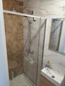 a bathroom with a shower with a sink and a mirror at Itaja apartment 73 in Šiauliai