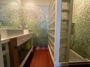 a bathroom with a sink and green tiled walls at Appt 3 pièces LA ROCHELLE - LR180-030 in La Rochelle