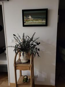 a plant in a vase on a chair next to a wall at Appartement avec loggia vue mer port Maria in Quiberon