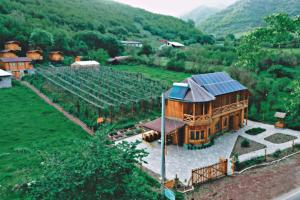 an aerial view of a farm with a house and a vineyard at Green Training Center HOVK in Dilijan