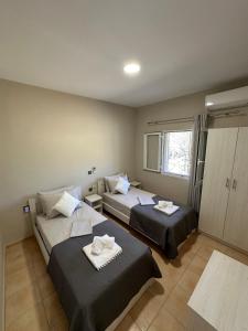a hotel room with two beds and a window at Villa Nicole in Katarrákhion