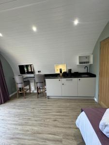 a bedroom with a desk and a table with chairs at Rowan Hobbit Pod at Cowbridge Cabins in Cowbridge
