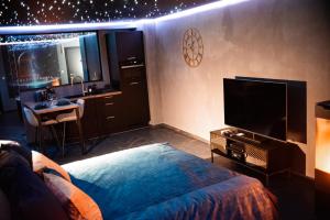 a living room with a bed and a television at Noctis Amoris Suite Atypique Maizeret in Samson