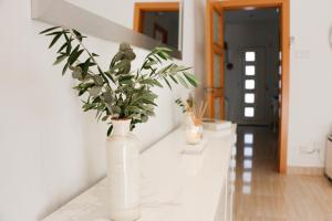 a white vase with a plant sitting on a counter at Cozy Apartment Rocamar in Sant Pere de Ribes