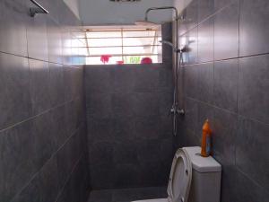 a bathroom with a toilet and a shower with a window at 4Bed House- SmartTV- Garden- Pet & Family Friendly in Kigali