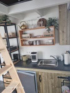 a kitchen with a sink and wooden shelves at Bleij-en-meer, 2 accommodaties, waaronder een 4p huisje en een heel klein gezellig Tiny-Wellness huisje voor 2p met sauna en heerlijke hottub, ook samen te huur voor een gezellig combinatie in Zoutelande
