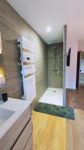 a bathroom with a shower and a sink at Le moulin de la hamelle in Yoncq