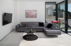 un salon avec un canapé et une table dans l'établissement Luxury Villa Ivana Brela heated pool 28 m2, gym, à Brela