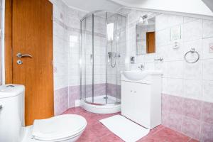 a bathroom with a toilet and a sink and a shower at The Rooms by Dalia in Košice
