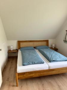 a bed with two blue pillows in a room at SEEgold in Unteruhldingen