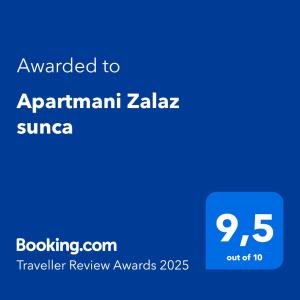 a blue screen with the text awarded to apartment zaza sauna at Apartmani Zalaz sunca in Blato