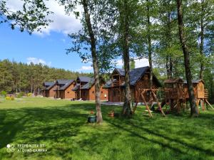 a log house with a playground in the yard at Domek nad stawem in Goreń Duży