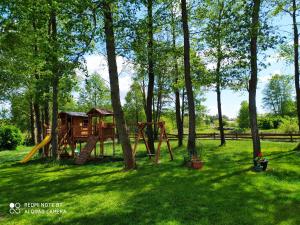a playground in the middle of a yard with trees at Domek nad stawem in Goreń Duży