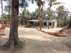 eine Hängematte, die vor einem Gebäude an einen Baum gefesselt ist in der Unterkunft Annapurna beach resort in Malvan